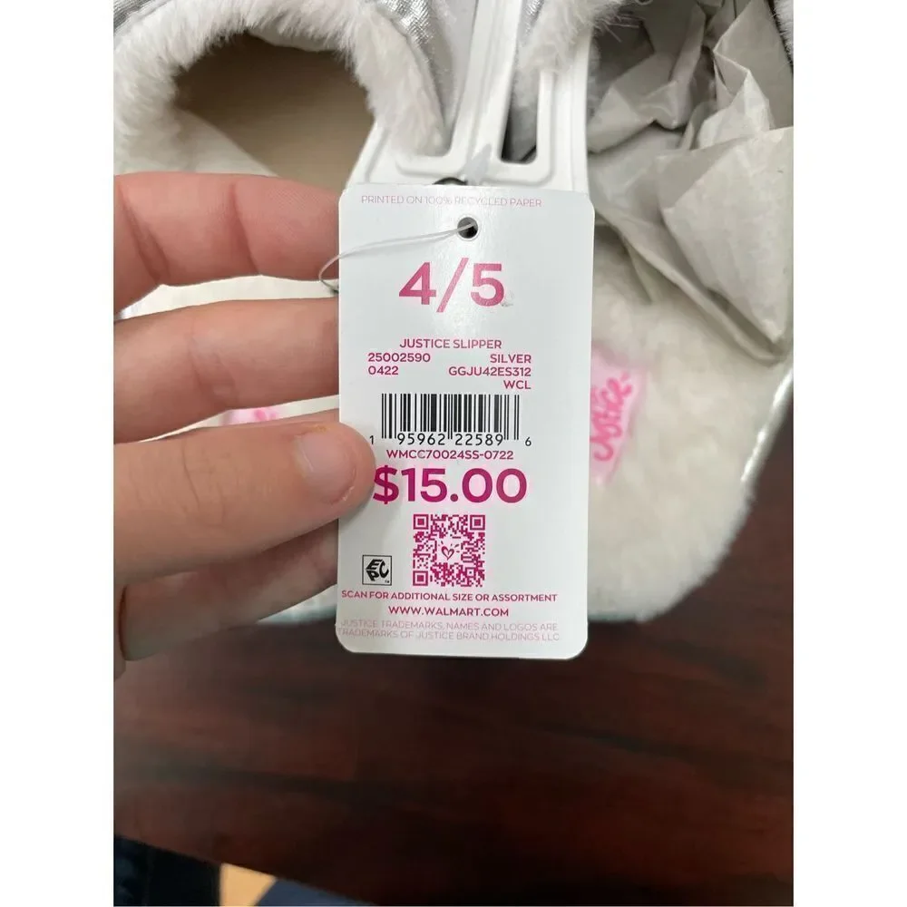 NWT Justice Silver Kids Slippers Size 4/5